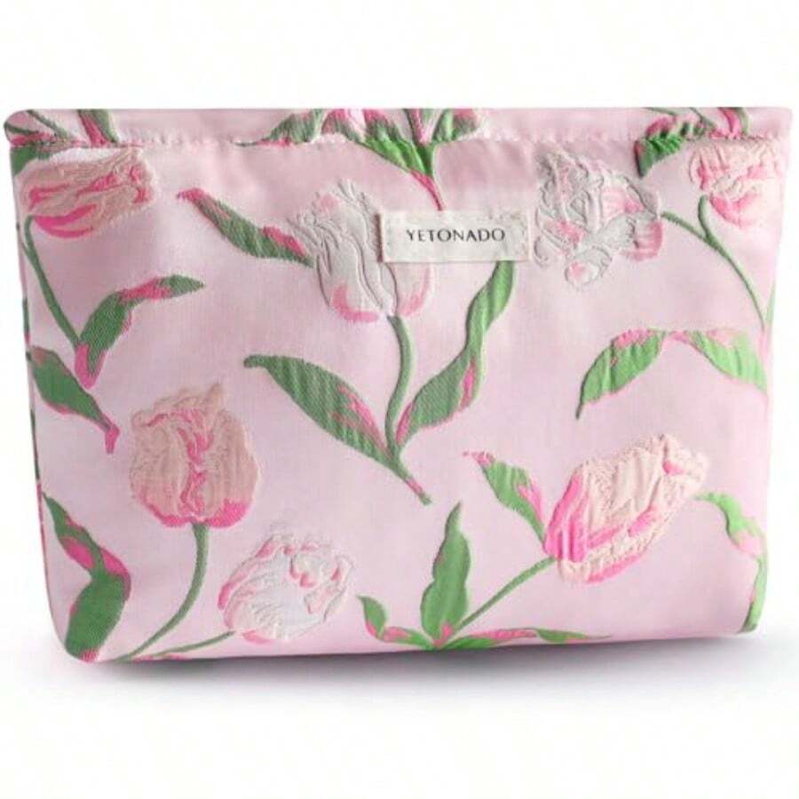 ZLFRQ  Makeup Bag For Wen Floral Cometic Bag Pink Zipper Cometic Pouch For Pure Lar Capacity Quilted Canva Flower Makeup Bag C Aethetic Travel Tetry Bag Gift Kincare Organizer - AG 粉紅鬱金香 - 查看 1