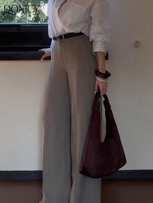 DONICY 女士春夏新款下装，纯色高腰直筒口袋裤，时尚复古优雅简约百搭套装裤，适合日常休闲、办公通勤、约会、购物、展览等场合。 - 卡其色 - 查看 8