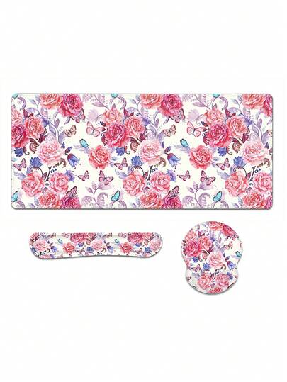 Keyboard Mouse Pad Set, Large Game Mouse Pad And Keyboard Wrist Rest And Mouse Pad With Wrist Rest, Peony Ergonomic Non-Slip Mouse Pad, Suitable For Home Office (Pink)