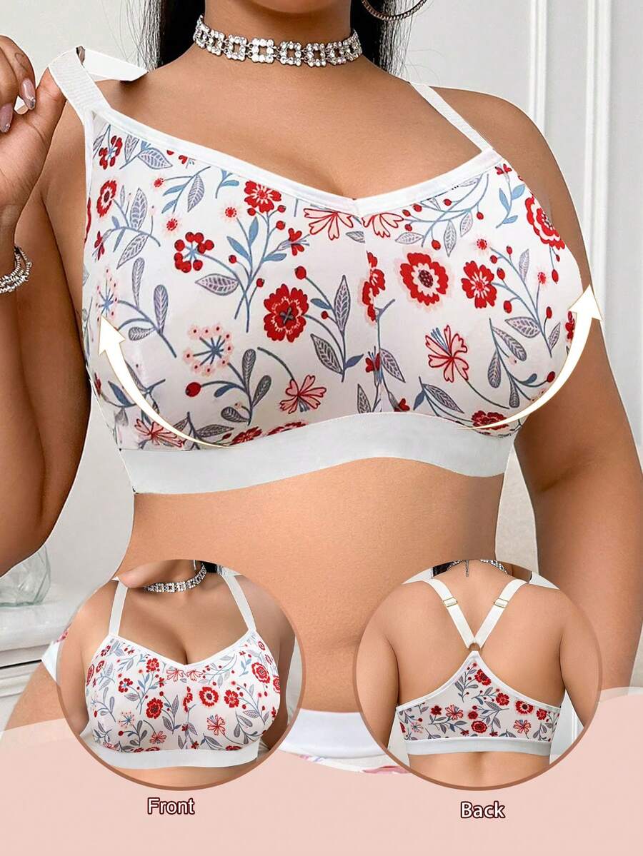 Plus Size Women Floral Print Patchwork Wireless Bra, Comfortable Leisure Sports Bra With Breathable Back Design - White - View 1