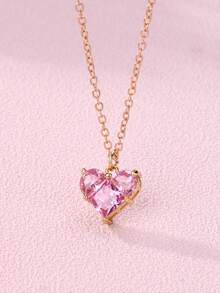 1件儿童时尚可爱简约甜美水晶玻璃心形吊坠项链，适合日常佩戴、送礼、节日 - 粉色 - 查看 1