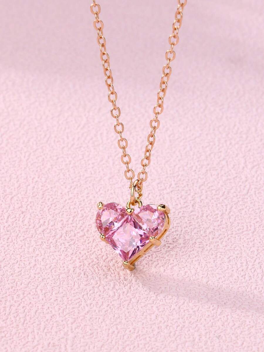 1件儿童时尚可爱简约甜美水晶玻璃心形吊坠项链，适合日常佩戴、送礼、节日 - 粉色 - 查看 1