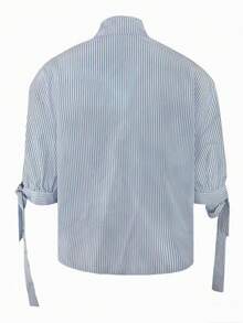 女士条纹衬衫，优雅领口蝴蝶结袖口短袖，时尚上衣，夏季最佳风格之选 - 藍色 - 查看 6