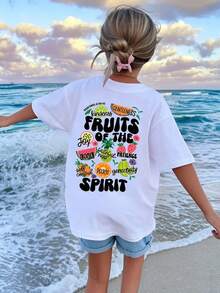 Cotton T-Shirt Girls' & Teens' Casual Pink Printed Round Neck Short Sleeve T-Shirt, Summer Top - 白色2 - 查看 2