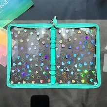 A5 全息心形拉链活页夹，A5 活页夹，可用于收纳邮票、贴纸、笔袋、相册、存折、日记、明信片、个人信息、办公用品、学习用品、偶像卡片、计划本、预算本、日程本、文件整理本 - 款式 - 查看 14