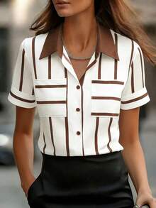 Elegante camicia a righe a maniche corte con colletto da donna, adatta per l'abbigliamento estivo - Castano - Visualizzare 9