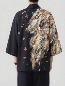 日本浮世绘风格金色羽毛印花七分袖衬衫，宽松和服式开衫，男士休闲外套 - 黑色 - 查看 3