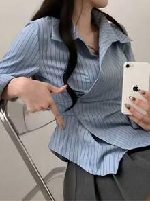【セクシー甘クール Y2K】春秋 韓国デザイン ストライプ 不規則ウエスト シャツ レディース 長袖 オープンカラー ラップデザイン スリムフィット シャーリング アシンメトリー コットンブレンド 通気性 カジュアル セクシー甘ク - 青いストライプ - チェックする 4