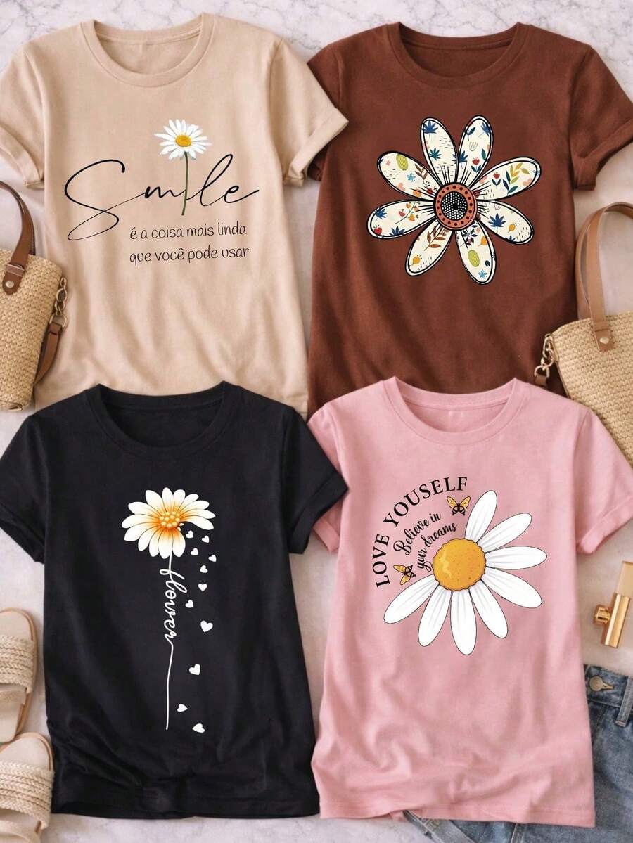 Set Of 4 Women's Printed T-Shirts, 100% Cotton, Casual, Comfortable, Summer Fashion. - 什錦 - 查看 1