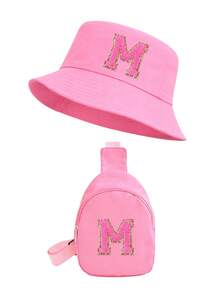 2 Peças Conjunto de Chapéu Balde Rosa com Letra 26 e Bolsa de Peito para Meninas, Alça Ajustável, Versátil, Adequado para Uso Externo, Praia, Pesca, Piquenique - Rosa chiclete - Visão 31