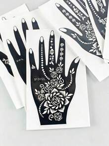 High Quality Floral Henna Tattoo Stencils, Colorful Painting Temporary Hand Tattoo Templates, Glitter Hollow Tattoo Stickers, Suitable For Body Art Makeup Mandala Patterns - Black - View 3
