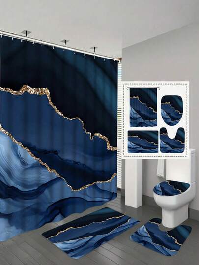 1/4 Set Marble Pattern Shower Curtain, Includes 12 Hooks, Suitable For Shower Curtain, Anti-Slip Mat, U-Shaped Toilet Mat, Toilet Seat Cover, Bedroom Decor, Home Decor, Bathroom Decor And Accessories, Holiday Gift