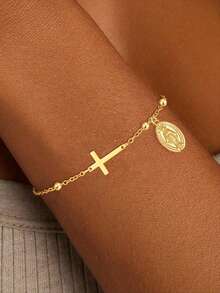 1件装女士圣母玛利亚十字架手链，仿珍珠金珠吊坠，基督教礼物，信仰礼物，十字架礼物，友谊礼物 - 金色 - 查看 1