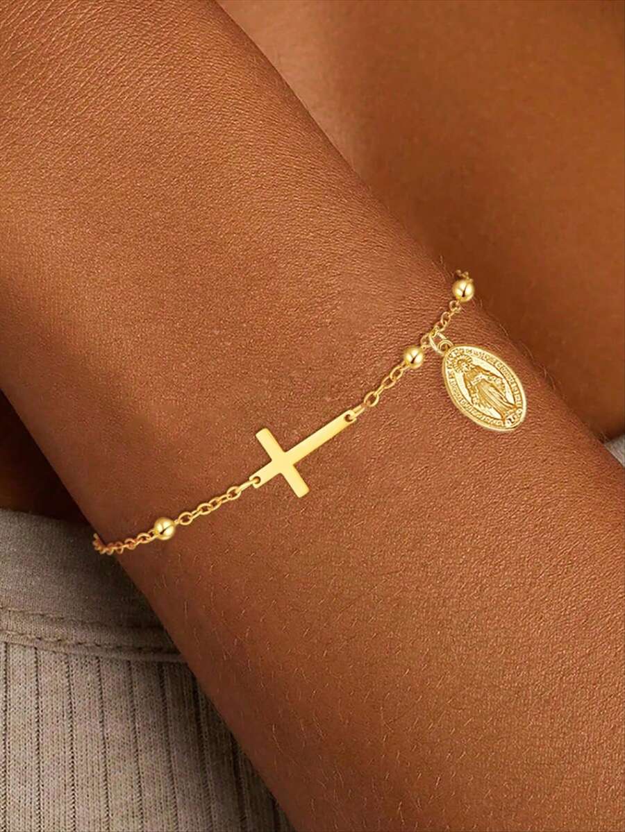 1件装女士圣母玛利亚十字架手链，仿珍珠金珠吊坠，基督教礼物，信仰礼物，十字架礼物，友谊礼物 - 金色 - 查看 1