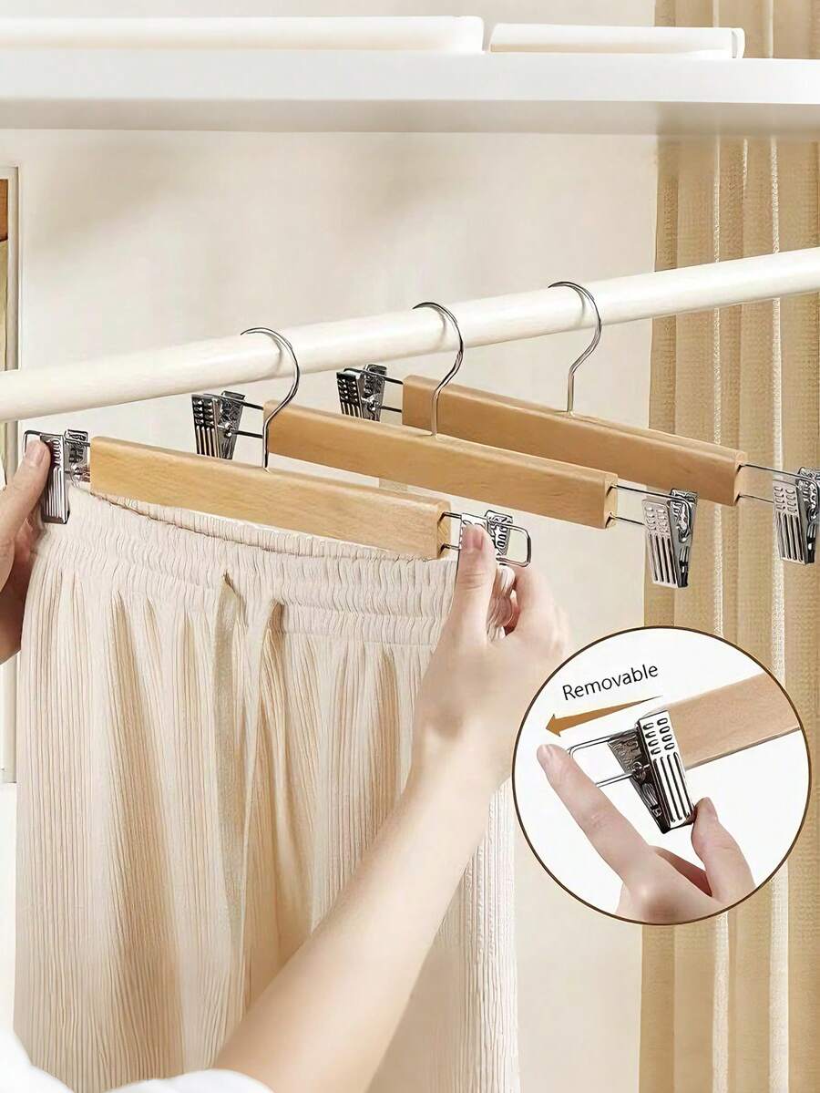 Bộ 1/3/5 móc treo quần bằng gỗ có kẹp, giá treo quần áo có móc xoay 360°, kẹp chắc chắn, phù hợp cho váy, quần jean, quần tây.