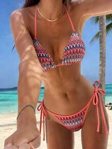 Women's Unique Textured Fabric Bikini Two Pieces Swimsuit, Cute Spaghetti Strap Open Back Design Vacation Beach - Coral Orange - View 1