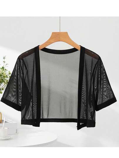1pc Black Mesh Short Sleeve Shrug Cardigan, Ladies Summer Lightweight Bolero Shawl Jacket For Dress,Beach,Holiday