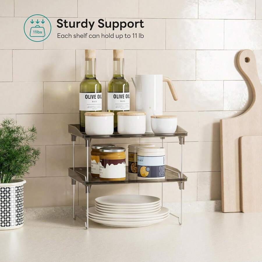 2 Pcs Cabinet Organizer Shelf, Great Stackable Countertop Organizer, Clear Plastic Shelves For Kitchen, Bathroom, Makeup, Desk, Pantry Storage - 黑色 - 查看 1