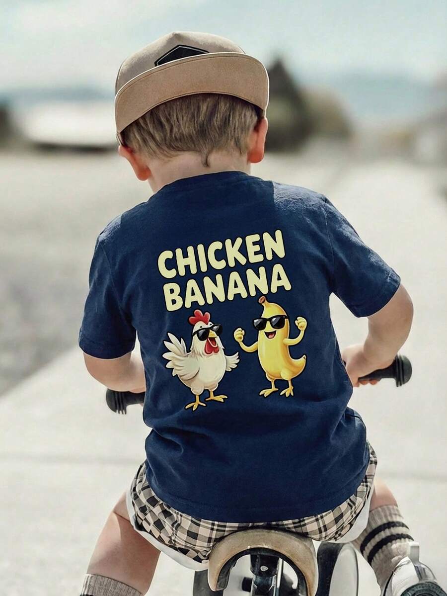 1件幼儿男童趣味小鸡香蕉印花短袖T恤，儿童宽松休闲圆领上衣，可爱正能量童装 - 藏蓝色 - 查看 1