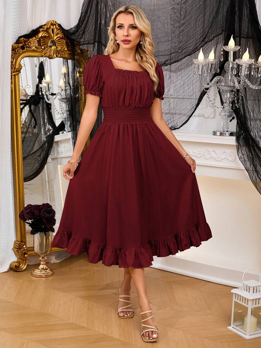 法式乡村风方领泡泡袖女式连衣裙，松紧腰荷叶边中长连衣裙，收腰双面穿连衣裙，适合日常穿着/派对 - 酒紅色 - 查看 1