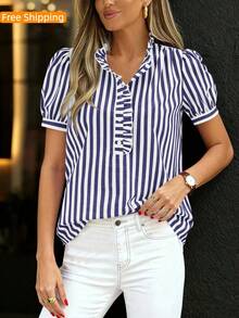 Puff Sleeve Striped Ruffle Blouse V Neck Button Front Summer Top Chic Casual Work Office Outfit For Women - Blue - View 4
