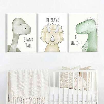 Bộ 3 tranh canvas, phong cách nghệ thuật hiện đại, thiết kế khủng long T-Rex dễ thương, thích hợp trang trí phòng trẻ em, có thể treo trên tường phòng ngủ, phòng khách, hành lang, v.v., tranh treo tường, trang trí phòng đẹp mắt, quà tặng lý tưởng, không khung, quà sinh nhật và tốt nghiệp.