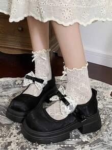 女士优雅甜美蕾丝蝴蝶结装饰玛丽珍厚底鞋，学院风纹理粗跟洛丽塔鞋，适合角色扮演、迷你裙和休闲装扮，黑色四季皆宜。 - 黑色 - 查看 7