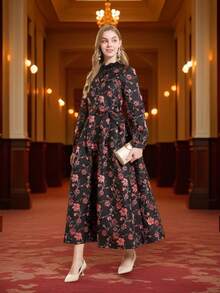 DEVCHATA Vestido formal con falda de jacquard floral sobresizada elegante para mujer, vestido de fiesta de manga larga con cuello de encaje para mujer, adecuado para banquetes, fiestas, vacaciones, Año Nuevo y otras ocasiones (patrón floral aleatorio) - Negro - Ver 5