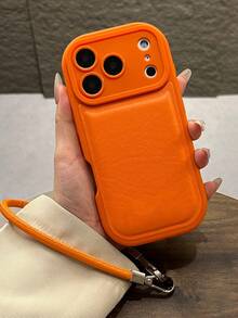 奢华人造革圆形镜头保护手机壳,兼容 17 Pro Max 17 Pro 17 Air 17 16 15 14 13 12 Pro Max 11,时尚腕带,防震软壳 - 橘色 - 查看 2