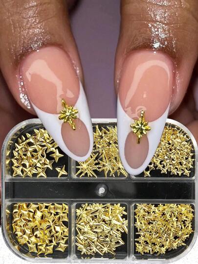 6-Compartment Storage Box 3D Star, Pentagon, Gold Metal Nail Art Decorations - Triangle, Square, Exploding Star, Cross Star, Y2K Japanese Nail Jewelry, DIY Nail Gems Nails Nail Supplies