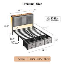 EnHomee Bed Frame With 5 Storage Drawers & Storage Headboard With Outlets, Upholstered Velvet Bed Frame With LED Lights & Charging Station, NO Noise, Easy Assembly, Camas, Grey - 灰色 - 查看 8