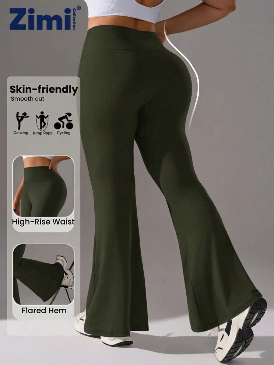 Zimi Collection Pantalon évasé vert militaire taille haute amincissant pour femmes grandes tailles, extensible et confortable, convient pour le yoga, le fitness, la corde à sauter, le cyclisme et les activités sportives quotidiennes - Militaire verte - Voir 1