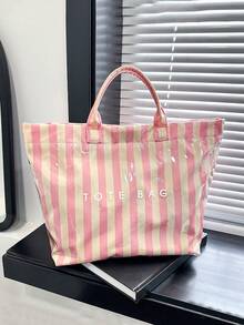 时尚独特条纹撞色女士手提包，现代撞色单肩包，防水PVC沙滩包，适合夏季，轻便大容量托特包，适合度假，轻便魔术贴多功能沙滩包；耐磨防水PVC女士单肩包，适合送礼、购物、约会、通勤、摄影、度假旅行 - 粉色 - 查看 2