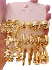 3 Paar/9 Paar Luxus Ohrringe Set in Goldoptik für Ostern, inklusive C-förmige Creolen, gekräuseltes Metall, Gang-Charm, konservierte Blumen Designs. Jedes Teil strahlt eine elegante Aura aus, geeignet für den täglichen Gebrauch, Dates, Partys, nicht verblassend, hypoallergen, vielseitig einsetzbar - Verschiedenfarbig - Übersicht 2