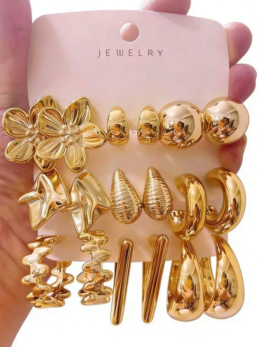 3 Paar/9 Paar Luxus Ohrringe Set in Goldoptik für Ostern, inklusive C-förmige Creolen, gekräuseltes Metall, Gang-Charm, konservierte Blumen Designs. Jedes Teil strahlt eine elegante Aura aus, geeignet für den täglichen Gebrauch, Dates, Partys, nicht verblassend, hypoallergen, vielseitig einsetzbar