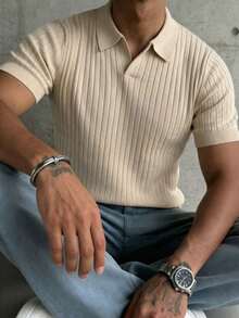 Men's Ribbed Airplane Collar Polo Knit Shirt, Short Sleeve, Summer Fashion - Apricot - View 4