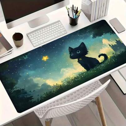 1个星夜黑猫大型游戏鼠标垫，梦幻森林星空加长桌面垫，办公桌配件防滑缝边电脑垫，橡胶底座笔记本电脑键盘垫，适用于家庭办公室和游戏玩家，耐用防泼溅