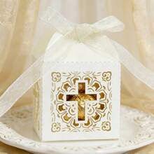奶油白色镶金边空心十字架糖果盒，宗教仪式圣餐礼品 - 查看 4