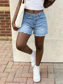 Women's Casual Loose Straight Leg Denim Bermuda Shorts Summer - Giặt vừa - Xem 3