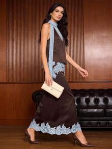 Luxurious Women's Midi Skirt Elegant Brown Polyester Non-Sheer With Intricate Lace Accents - Coffee Brown - View 5