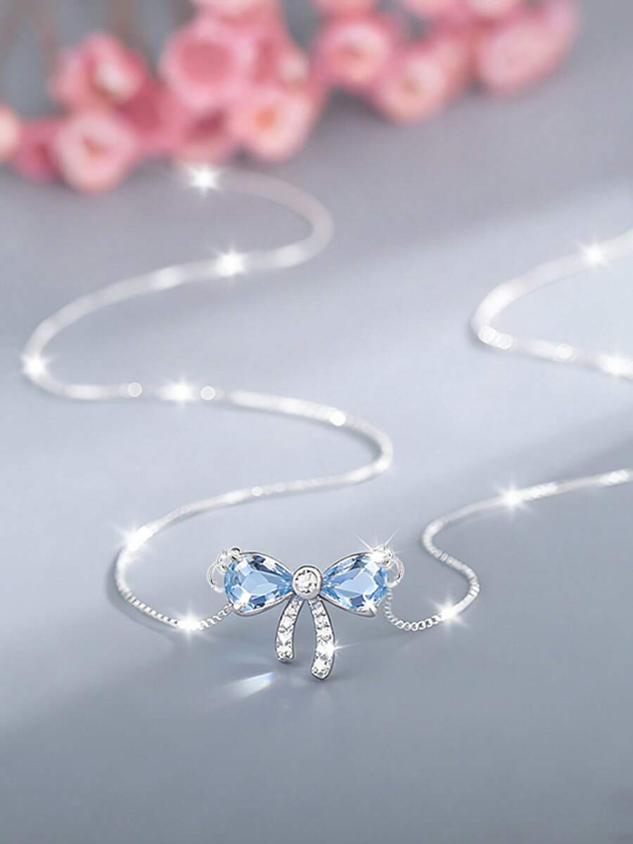 1 chiếc dây chuyền mặt hình bướm bằng bạc Sterling S925 đính đá tự nhiên, kiểu dáng thanh lịch, dễ thương kiểu Pháp, thích hợp cho tiệc tùng, công sở, làm quà tặng cho bạn thân. - nơ - Xem 1