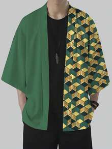 Áo khoác cardigan kiểu kimono Nhật Bản cổ điển, tay lỡ 3/4, áo sơ mi dệt 100% polyester, kiểu dáng thường ngày, không cổ, dáng regular fit phù hợp cho mọi mùa. - màu xanh lá - Xem 1