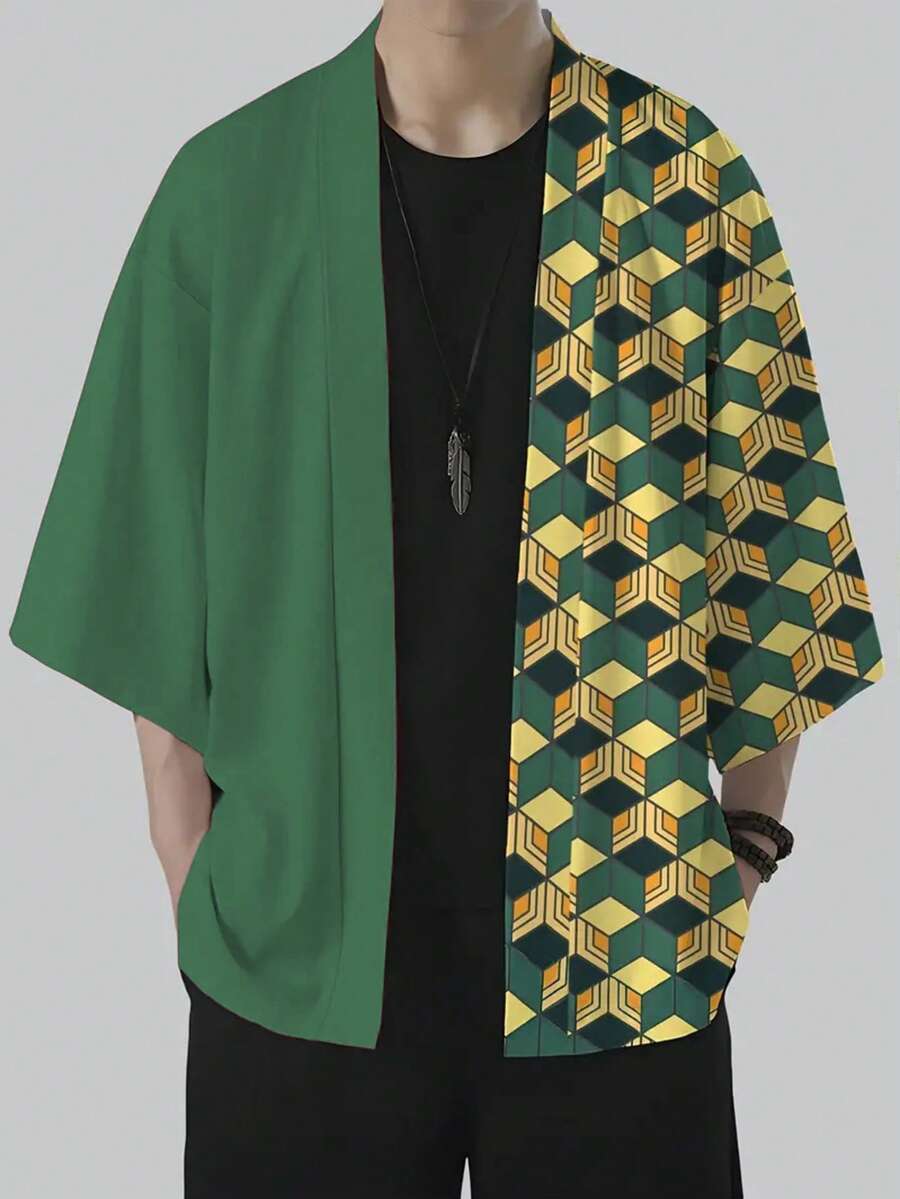 Áo khoác cardigan kiểu kimono Nhật Bản cổ điển, tay lỡ 3/4, áo sơ mi dệt 100% polyester, kiểu dáng thường ngày, không cổ, dáng regular fit phù hợp cho mọi mùa. - màu xanh lá - Xem 1