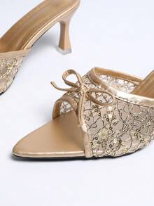 New Summer Pointed Toe Bowknot Mesh Breathable Open Toe High Heel Sandals, Versatile Minimalist Stiletto Sandals For Women - Gold - View 9
