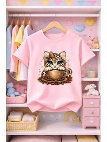 Camiseta Infantil e Juvenil para meninas com estampa de Gatinho fofo 100% algodão blusa unissex - Rosa Bebê - Visão 2