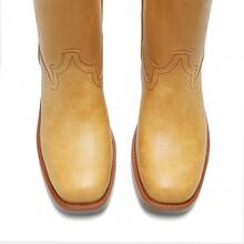 Women's Modern Knee High Boots With Vintage Western Stitching Comfortable And Versatile Tall Boots Low Heel Motorcycle Boots - 芥末黃 - 查看 7