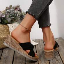 Summer Platform Sandals Women's Sandals Bow-Knot Flats Wear-Resistant Beach Travel Slippers Shoes Wedges Heels Outdoor Beach Walking Travel - 黑色 - 查看 6