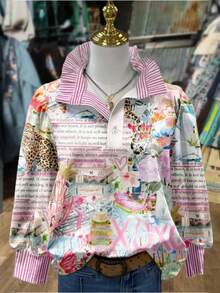Striped Collar, Leopard-Print Floral Letter Print Shirt, Streetwear Casual Style, Comfortable Long-Sleeve T-Shirt, Women's Top - 彩色 - 查看 2