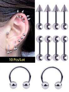 10个/包 不锈钢螺旋穿孔耳环，条形耳环，C形耳环，扁平耳环，螺旋耳环，人体饰品 - 銀色 - 查看 3