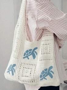 Crochet Knitted Sea Turtle Pattern Tote Bag, Large Capacity Hollow Design Women's Handbag, Shoulder Bag - White - View 9
